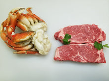 Load image into Gallery viewer, Two Choice New York Steaks One Pound of Dungeness Crab Clusters